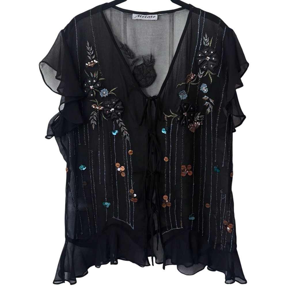 Y2K Molato Black Sheer Floral Sequin Tiefront Cardigan Whimsical Ethereal XL/XXL - Picture 2 of 12